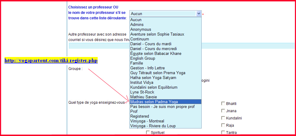 Choix d'inscription pour le groupe des mudras selon Padma